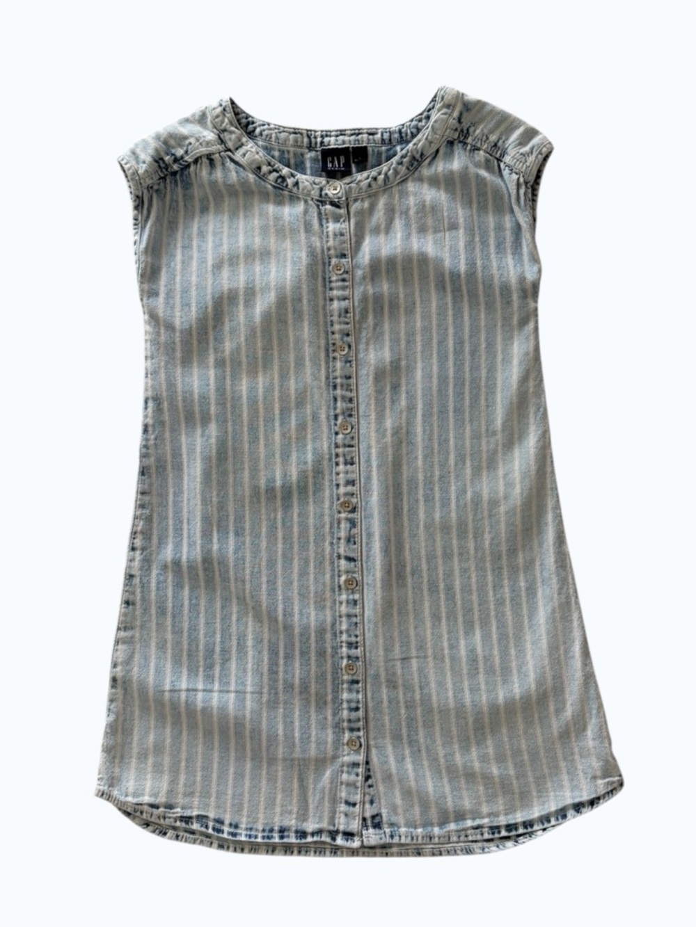 GAP Light Blue and White Striped Sleeveless Button-Front Dress